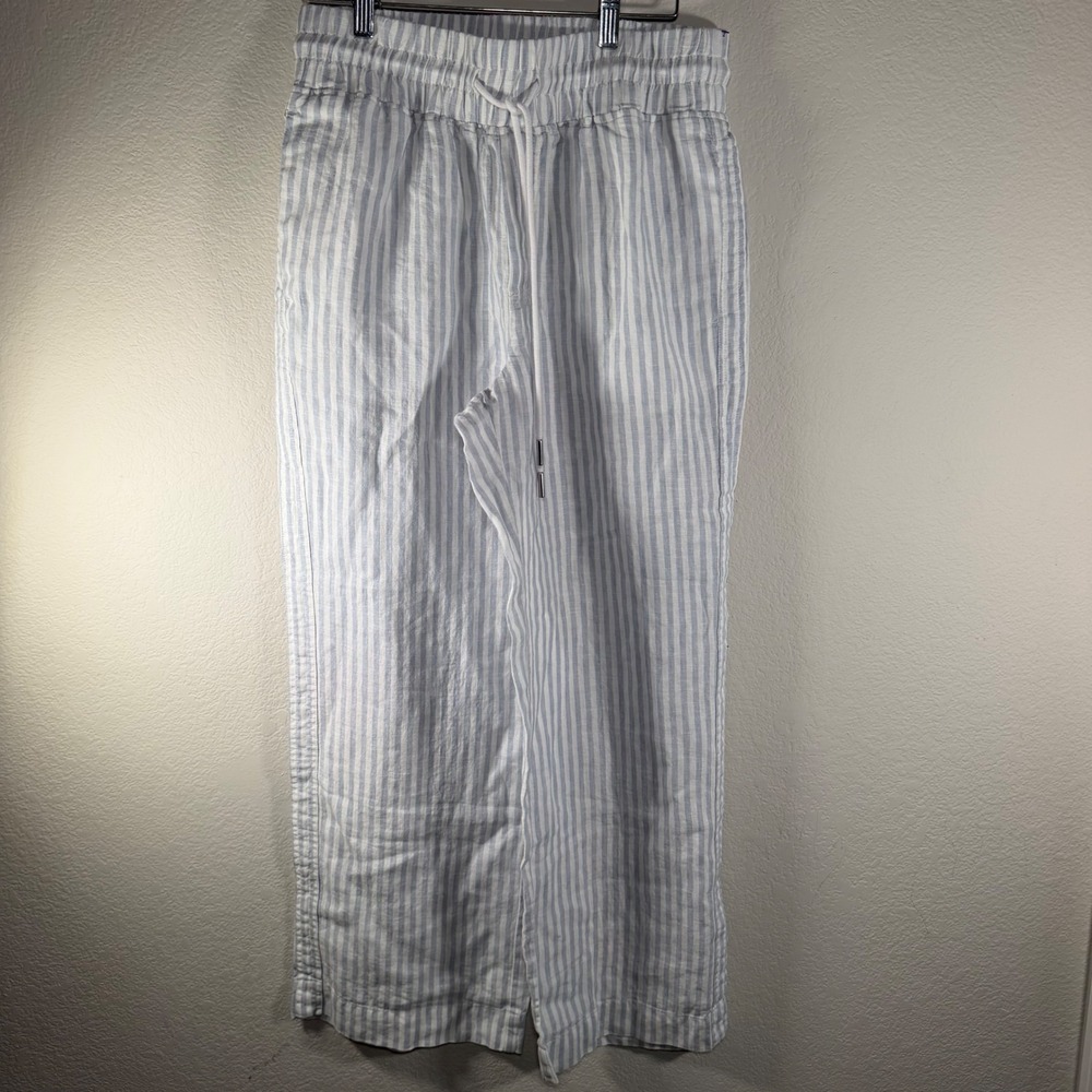 Quince 100% European Linen Wide Leg Pants Sky Blue Mariner Stripe M